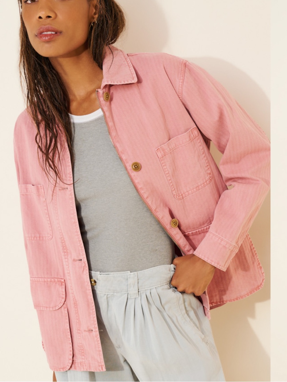 ALEX MILL Massie Herringbone Denim Jacket Ash Rose Mauve Pink Painters Jacket S